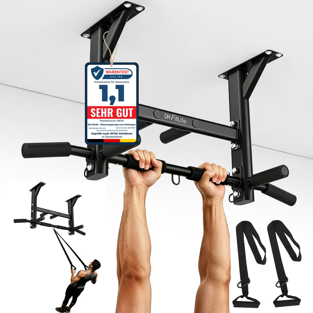 DH FitLife Klimmzugstange Deckenmontage 4in1 bis 200kg, Multifunktionale Pull Up Bar für Zuhause, 8