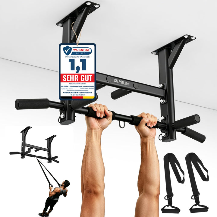 DH FitLife Klimmzugstange Deckenmontage 4in1 bis 200kg, Multifunktionale Pull Up Bar für Zuhause, 8