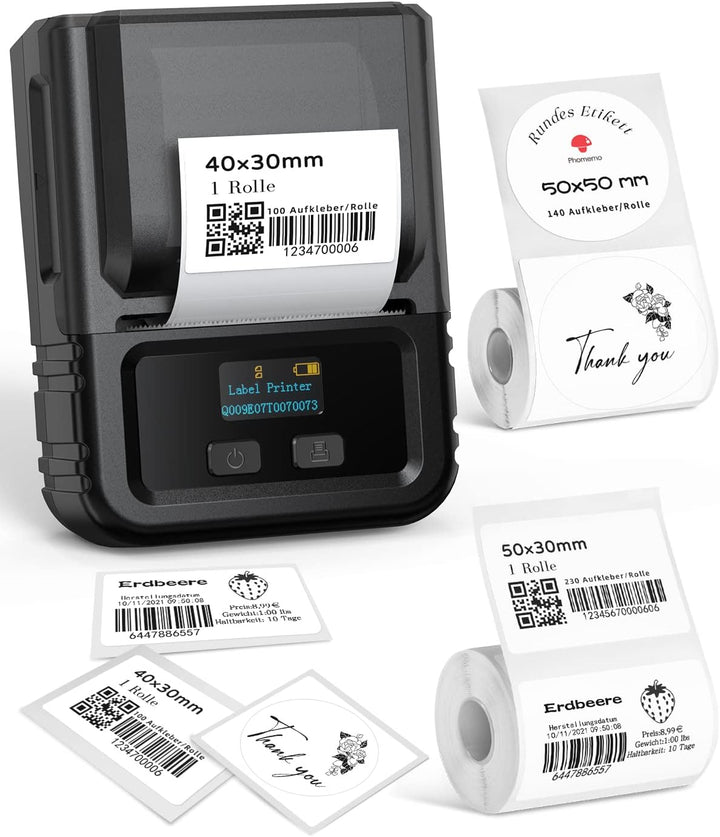Phomemo M120 Etikettendrucker mit 3 Rollen Etikettenpapier, Bluetooth Thermo Beschriftungsgerät,Trag
