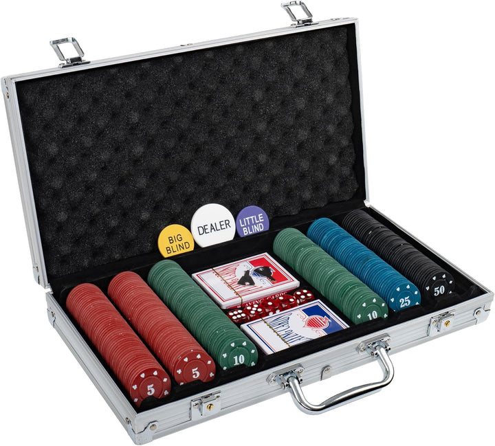 H&F Heimtextilien Pokerkoffer Set 300 Chips – Komplettes Poker Spielset mit Karten Würfeln & Dealer-