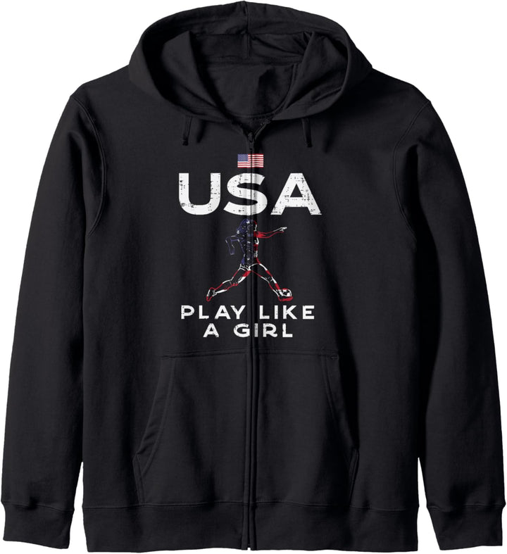 USA-Flagge Play Like Girl Fussballspieler Mädchen Frauen Kapuzenjacke