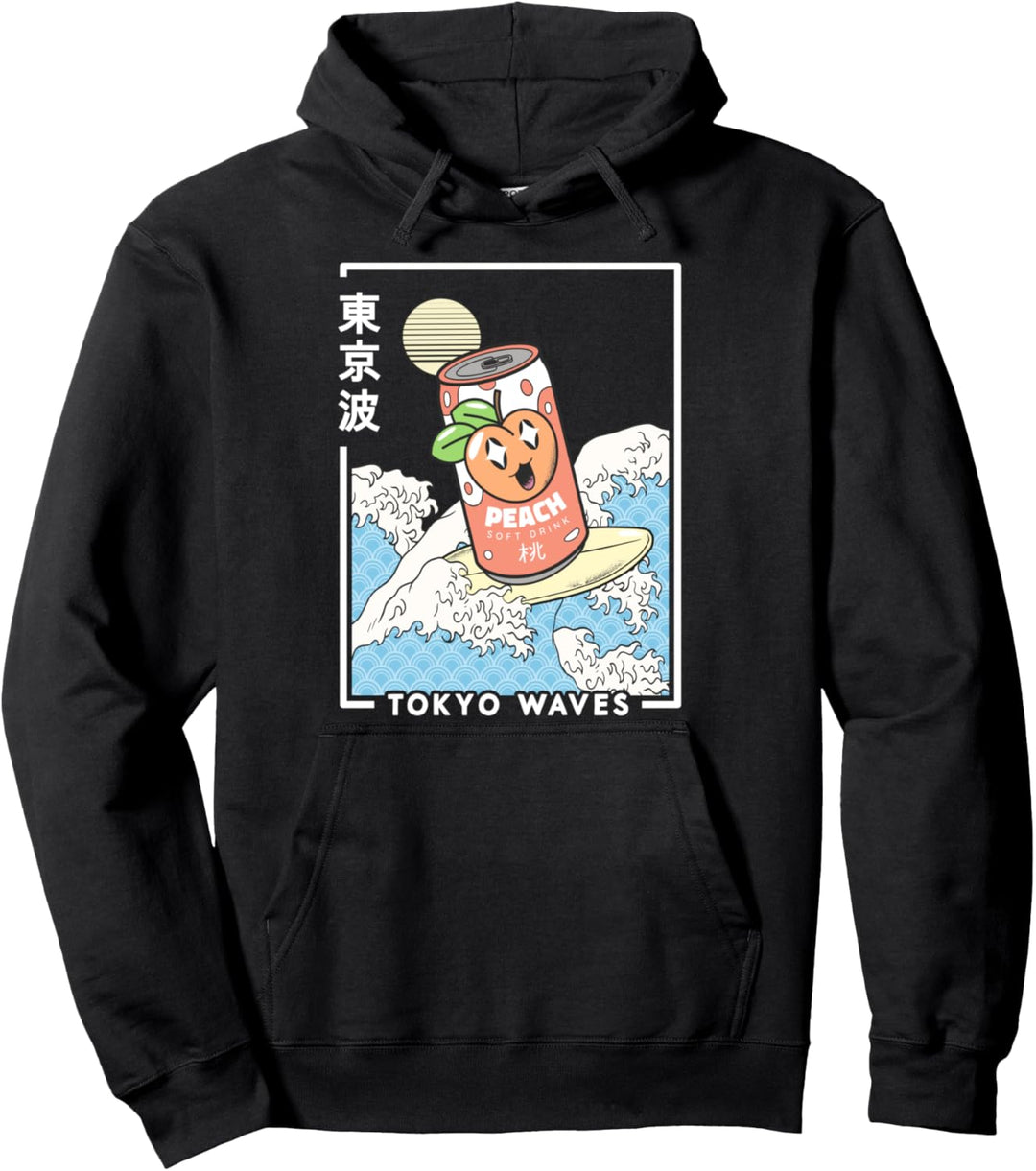 Pfirsich-Soda Surfing Japanische Wellen Kinder Kawaii Ästhetik Pullover Hoodie