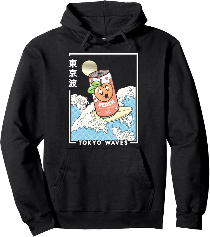 Pfirsich-Soda Surfing Japanische Wellen Kinder Kawaii Ästhetik Pullover Hoodie