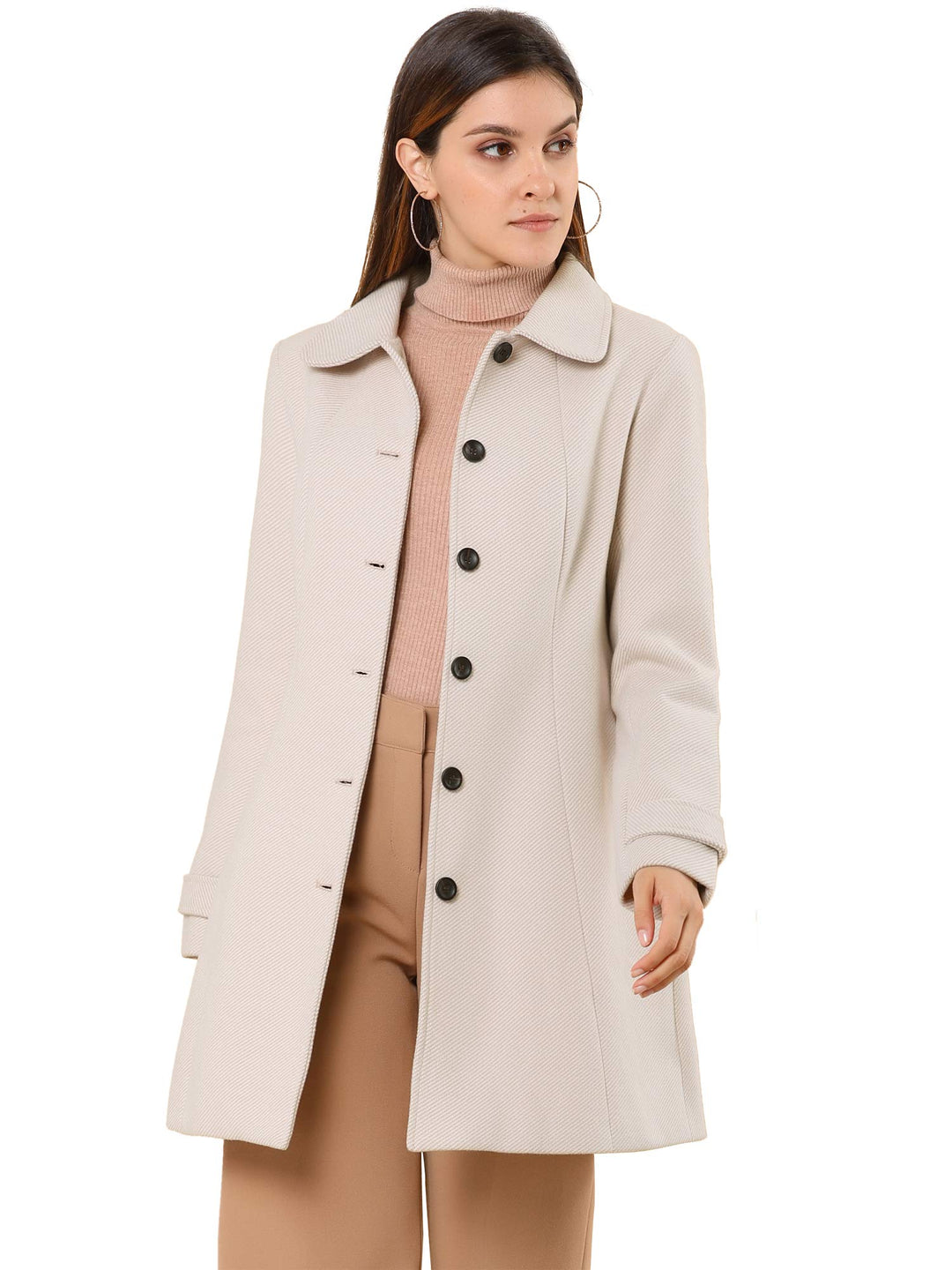 Allegra K Women's Peter Pan Collar Overcoat Single Breasted Pockets Winter Long Coat XS Beige, XS Be