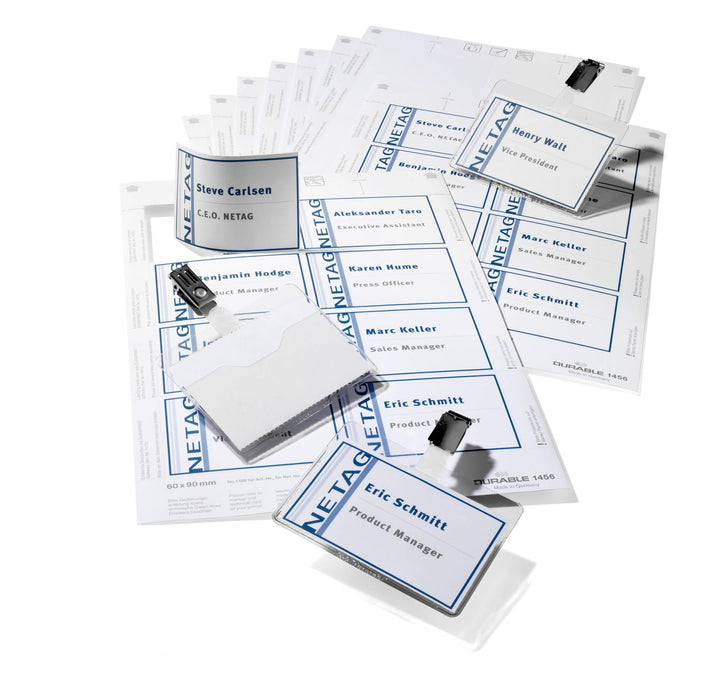 Durable Namensschilder-Set, Namensschilder 60 x 90 mm mit Clip, passende Einsteckschilder auf A4 Dru