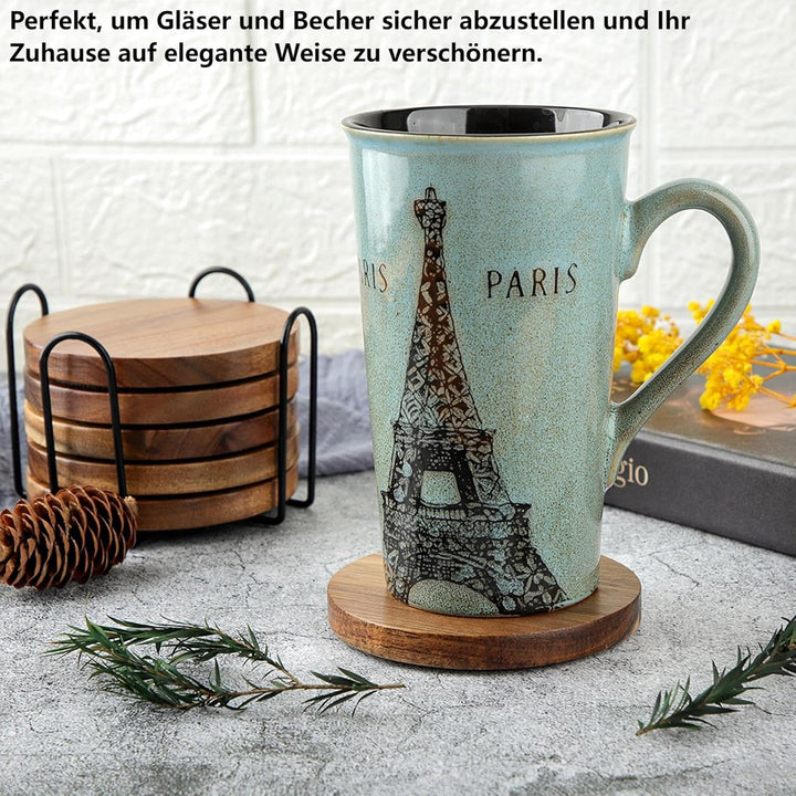 Untersetzer Gläser Holz 6er Set, Untersetzer aus Akazienholz & Filz mit Halter, Glasuntersetzer Holz