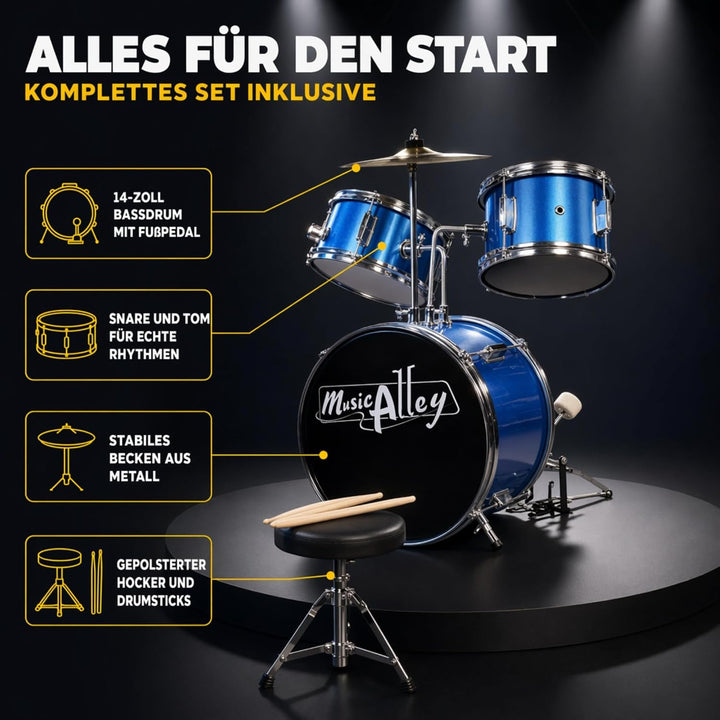 Music Alley Junior Drum Kit for Kids with Kick Drum Pedal, Drum Stool &amp; Drum Sticks - Blue Blue Sing