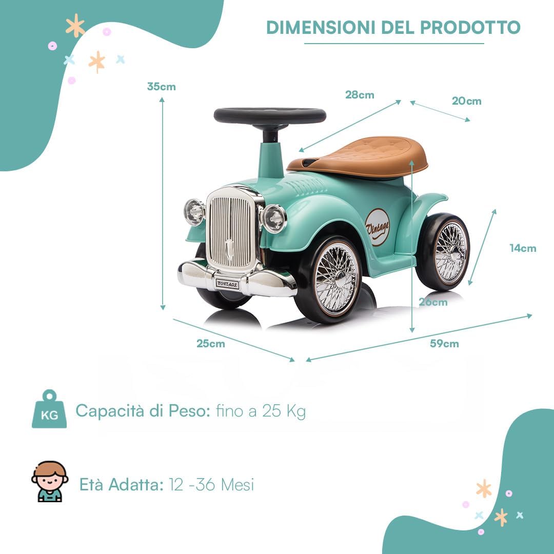 Vintage Rutschfahrzeug für Kinder von 12 bis 36 Monaten, Retro Rutschauto mit Hupe, Staufach, Lenkst