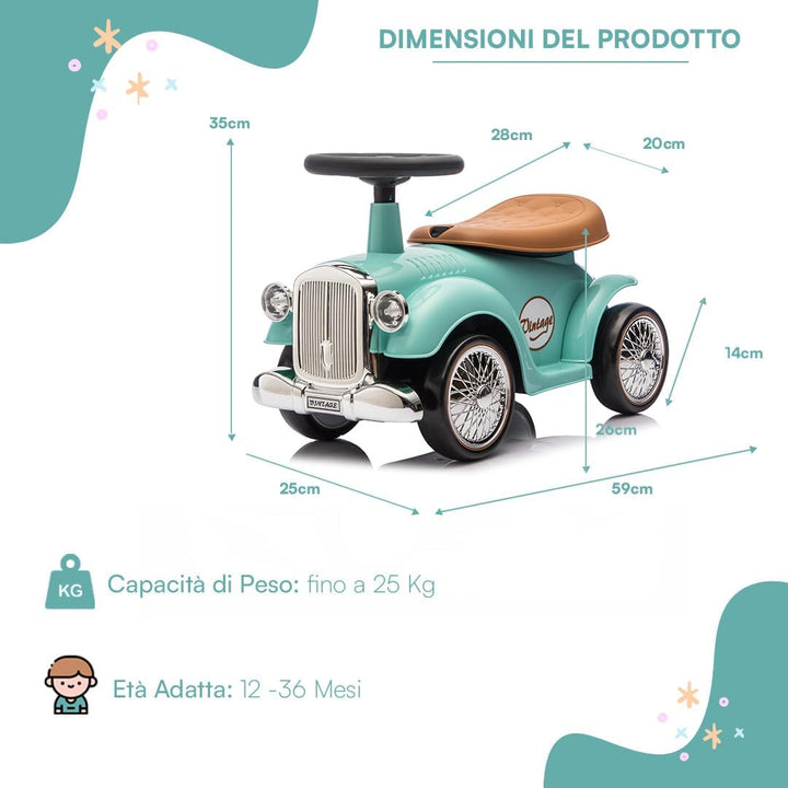 Vintage Rutschfahrzeug für Kinder von 12 bis 36 Monaten, Retro Rutschauto mit Hupe, Staufach, Lenkst