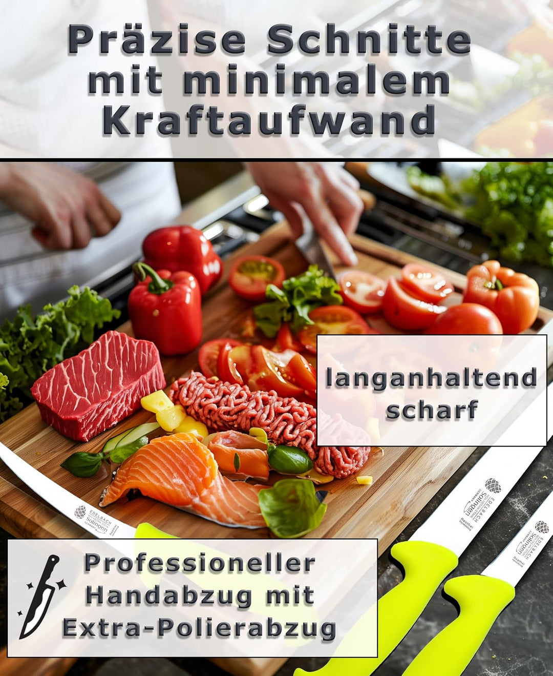 Edelbach Solingen Küchenmesser Set | 3x Profi Fleischmesser | Ultrascharf Messerset Made in Germany
