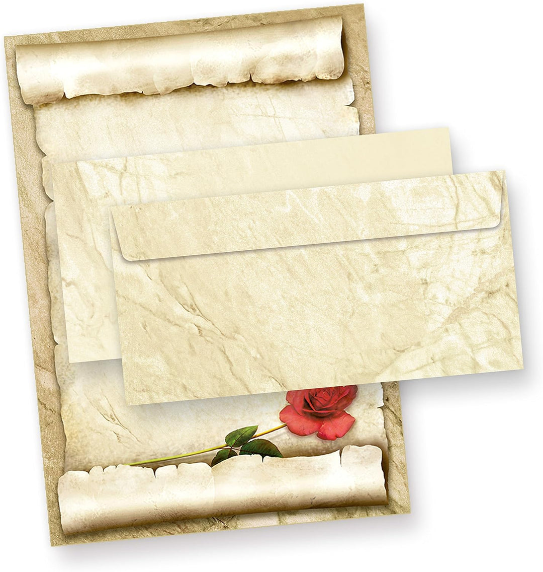 TATMOTIVE ROTE ROSE Briefpapier Set für Liebesbriefe (25 Sets) A4 Papier beidseitig + Umschläge Lieb