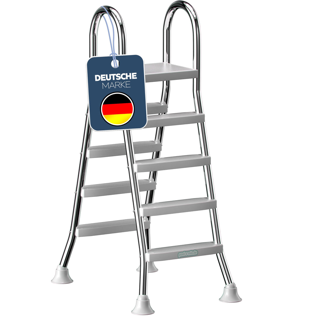 poolomio® Poolleiter Edelstahl mit Handlauf bis 132 cm | Einstiegsleiter mit 4 Stufen für Aufstellpo