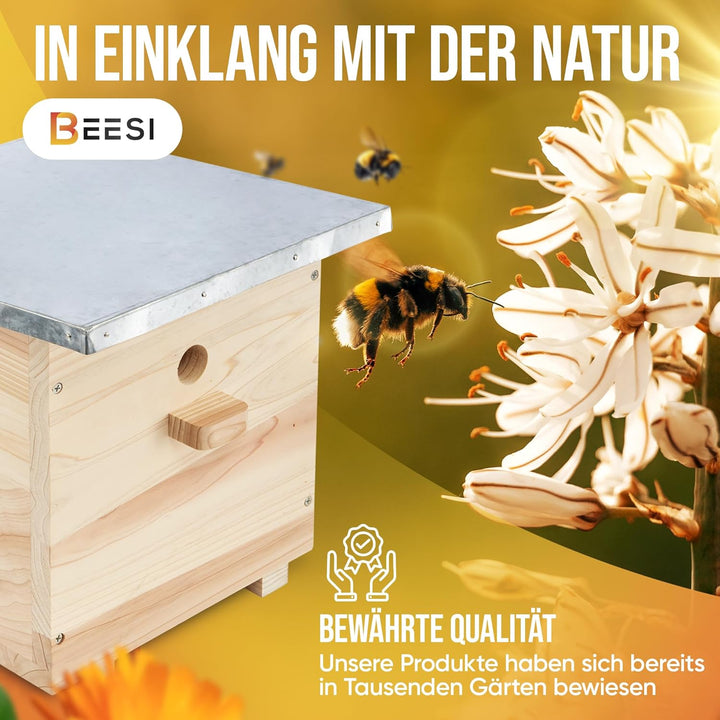 BEESI Hummelhaus gross inkl. Nistmaterial I Kapok, Nistkarton, Holzspäne I Hummelhotel Massivholz ve