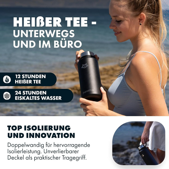 Teeflasche mit Sieb 1L – Auslaufsichere, spülmaschinenfeste Edelstahl Trinkflasche 1l (Isolierflasch