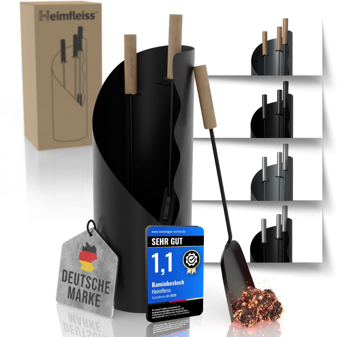 Kaminbesteck Schwarz Modern | Kaminzubehör mit Holzgriffen | Ofenbesteck Kaminbesteck Set | Hochwert