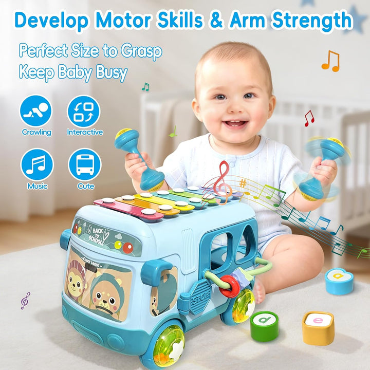 Montessori Spielzeug Musikalischer Bus mit Xylophon Motorikwürfel Rassel Rad Geschenk für Mädchen ab