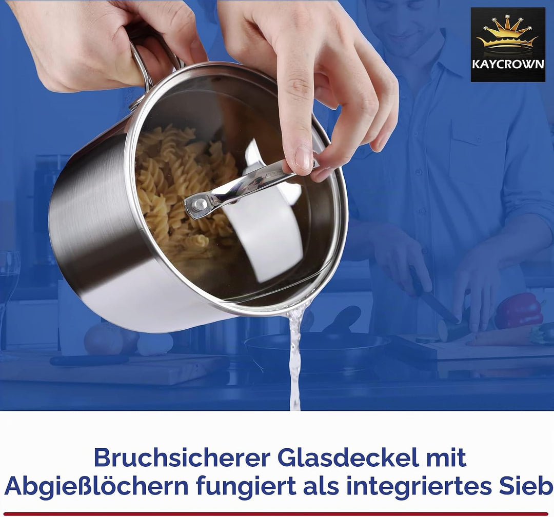 Edelstahl-Kochtopf mit Glasdeckel, Mehrzweck-Saucenpfanne mit Siebdeckel und Ausgiesser zum Kochen v