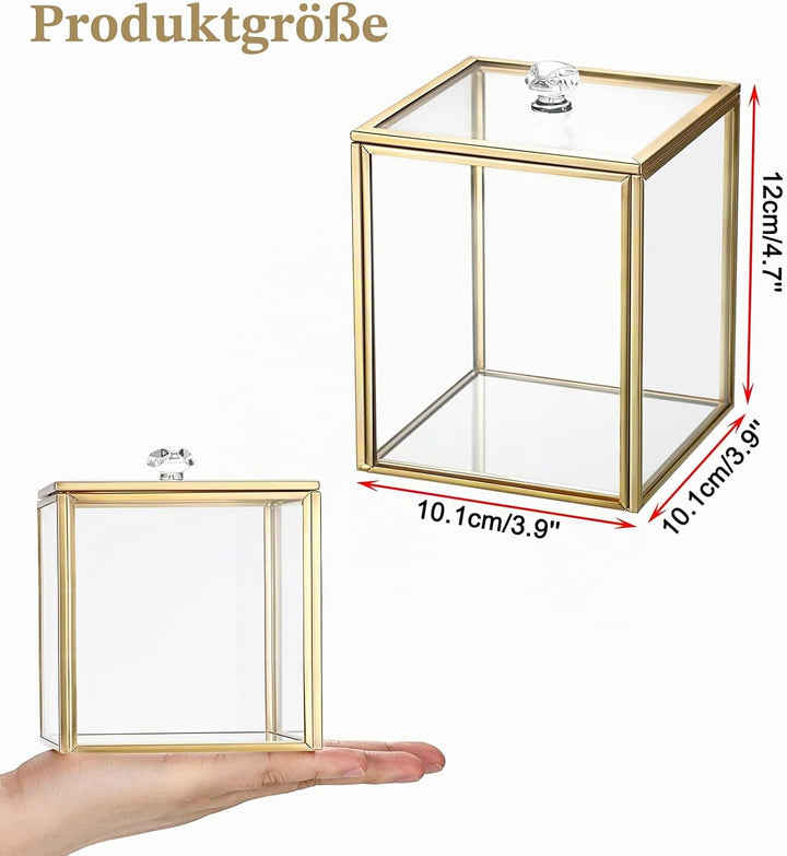Glas Wattepad Spender Gold Wattestäbchenbehälter Wattepads Behälter Box Schmuckschatulle mit Glasdec