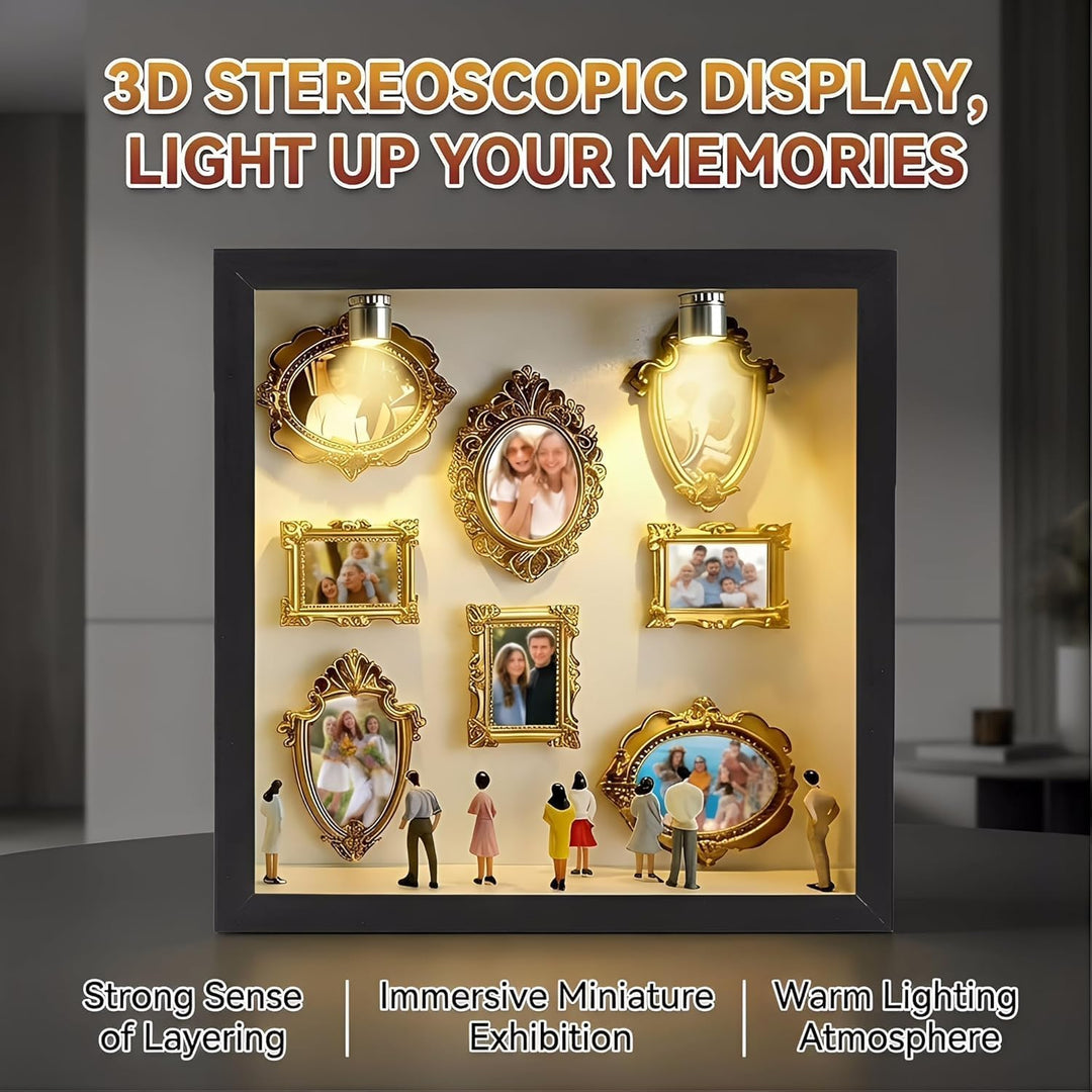 DIY Mini Museum Bilderrahmen Set mit LED Licht, Silhouettenbox mit 8 Mini Goldrahmen & Figuren, Krea