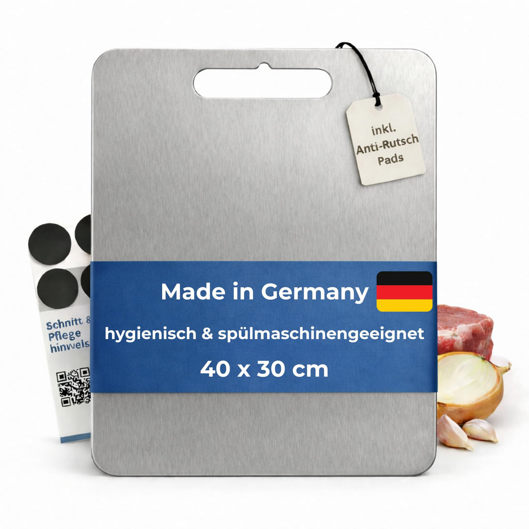 Edelstahl Schneidebrett - Hygienisch, Spülmaschinengeeignet & Rutschfest - Made in Germany - Gr. 40x