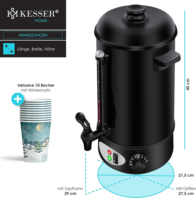 KESSER® Glühweinkessel 8L Edelstahl Inkl. 10x Becher Glühweinkocher mit Thermostat Glühweinautomat H