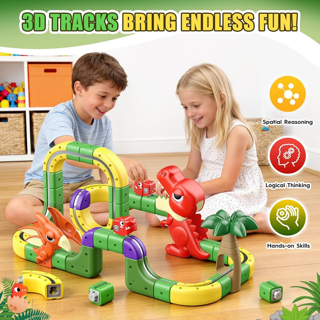 EUCOCO 115 Pcs Clickrail Electric Train Set, Dinosaurier Spielzeug ab 3 4 5 6 7 8 Jahre Junge Cubix