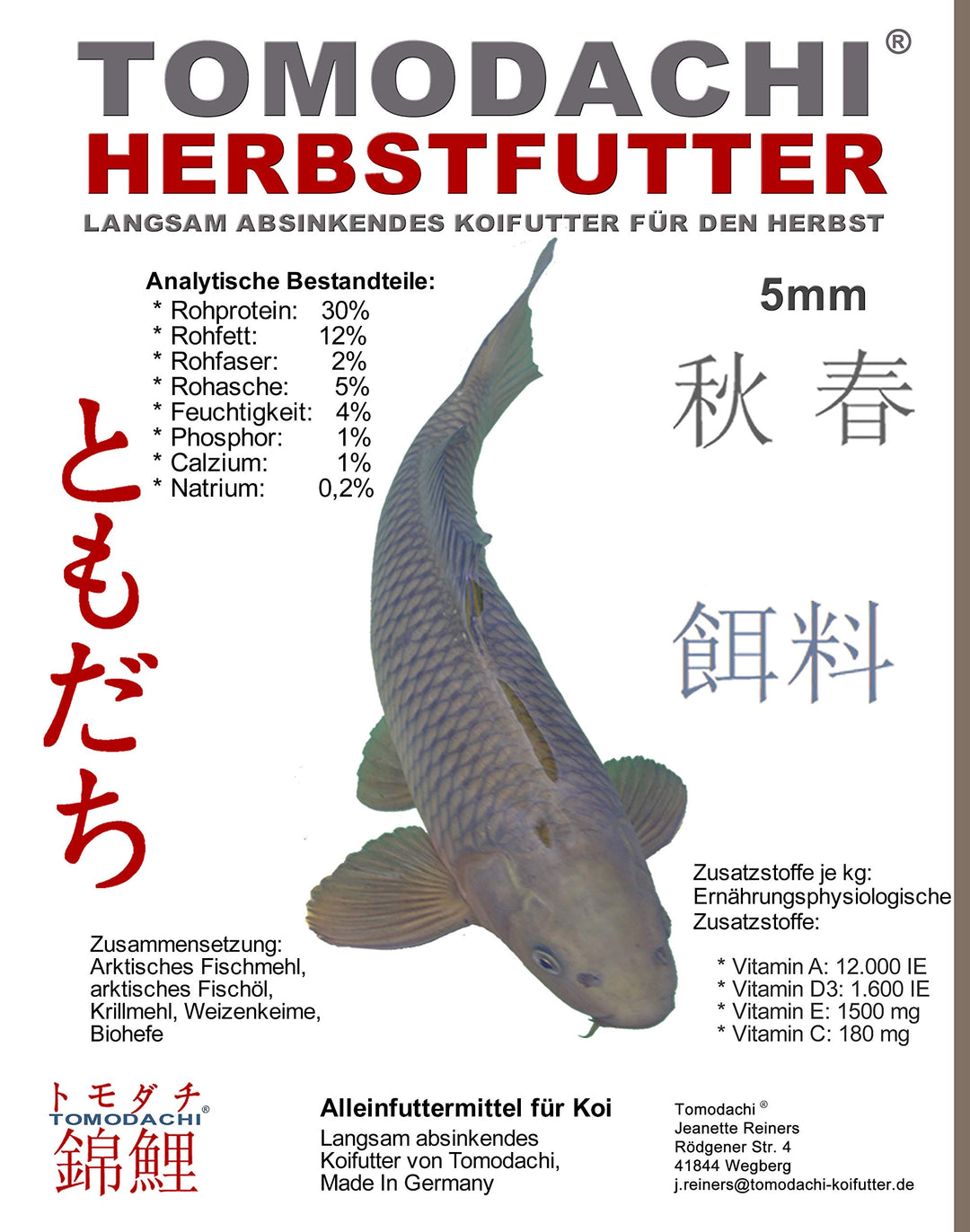 Tomodachi Herbstfutter für Koi Koifutter für den Herbst, langsam sinkend und energiereich, 10kg