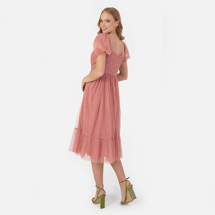 Anaya with Love Damen Ladies Midi Dress Women Short Puffed Sleeve Square Neck Frilly for Wedding Gue