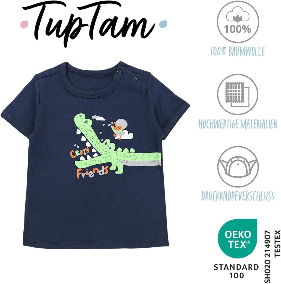 TupTam Baby Jungen Kurzarm T-Shirt mit Aufdruck Unifarben Sterne Streifen 5er Set 62 Krokodil Dunkel