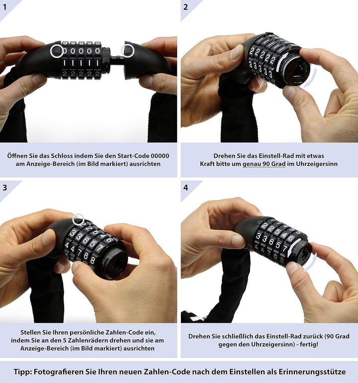 KOHLBURG sehr langes Zahlenschloss 110cm lang & 6mm stark mit Zahlencode - Kettenschloss mit Zahlenk