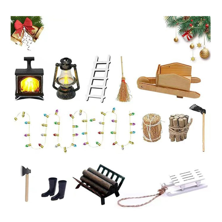 Puppenhaus Miniatur Zubehör Set, 13 Stück Wichtel Zubehör Weihnachten Möbel mit Grusskarten, Miniatu