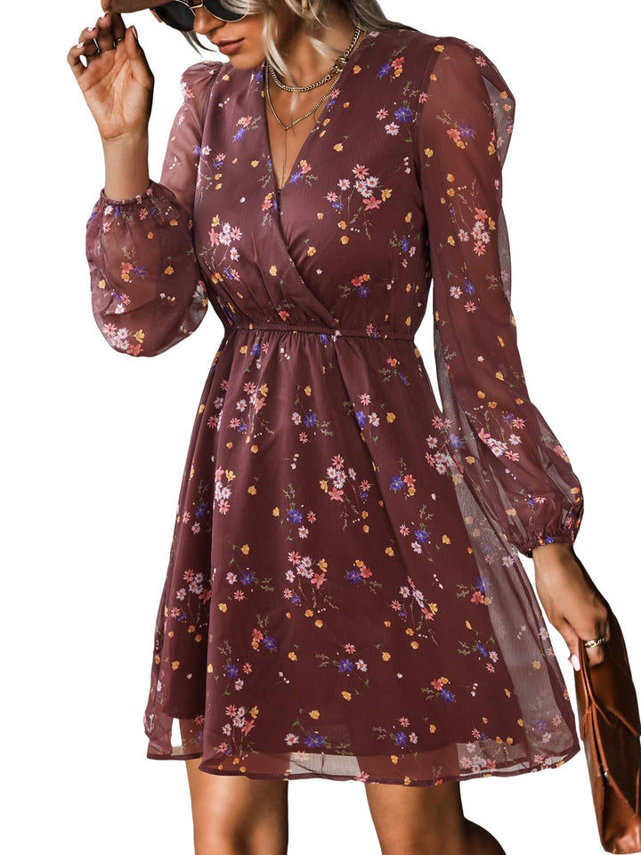 CUPSHE Damen Kleid V Ausschnitt Wickeloptik Transparente Lange Ärmel Blumenmuster Freizeitkleider Wr
