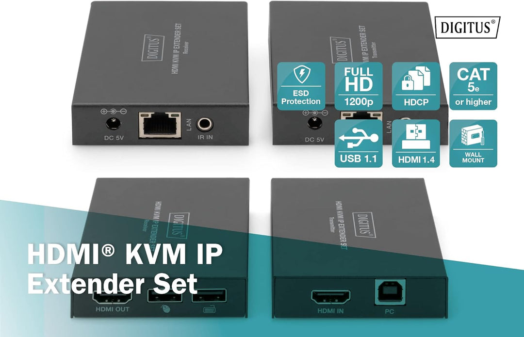 DIGITUS HDMI KVM Extender Set über IP 150 m, Full HD 1080p Full-HD / 2K@60Hz LAN IP-fähig - 1x Out -