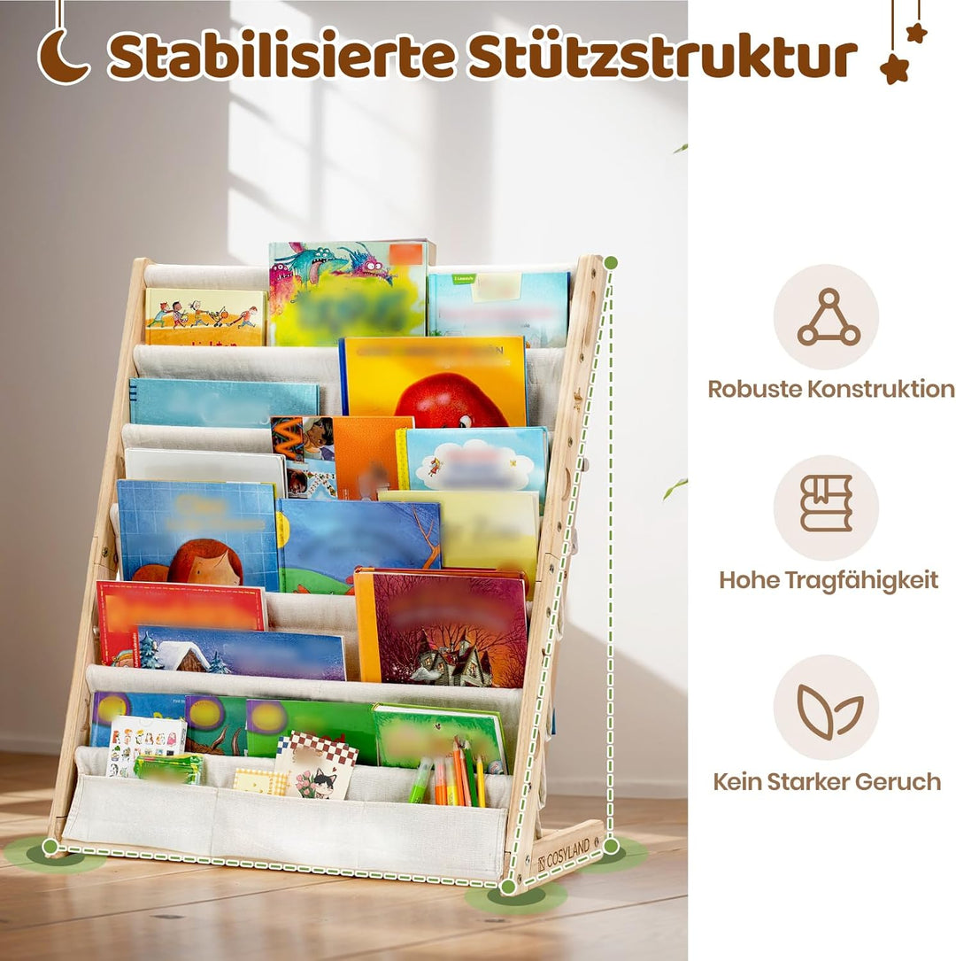 COSYLAND Bücherregal Kinder mit 6 Oxford-Stoff Fächern - Kinderbücherregal aus Naturholz - Bücherreg