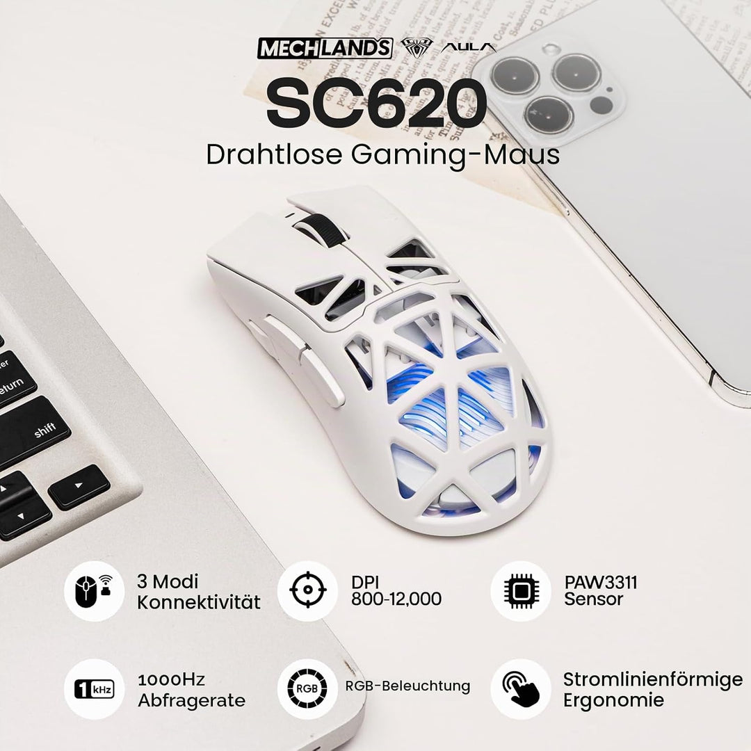 MechLands Aula SC620 Gaming-Maus, 2,4 GHz/USB-C/BT-Funkmaus mit 400-mAh-Akku, einstellbare 12.000 DP