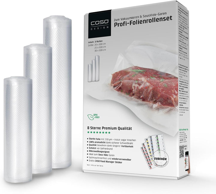 CASO Profi- Folienrollen Set 4 / 1 St. 20x600 cm, 1 St. 25x600 cm, 1 St. 30x600 cm 150µm, für Vakuum