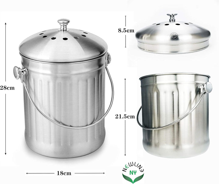 NewlineNY Edelstahl-Komposteimer für Küchen-Arbeitsplatte, 3,5 Liter Recycling-Eimer mit 2 Kohlefilt
