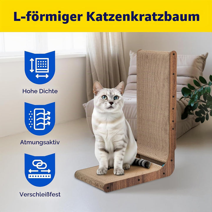 FluffyDream Katzenkratzer mit Katzenspielzeug Kugelbahn, eingebauter Ball, L-förmiger Kratzer, Karto