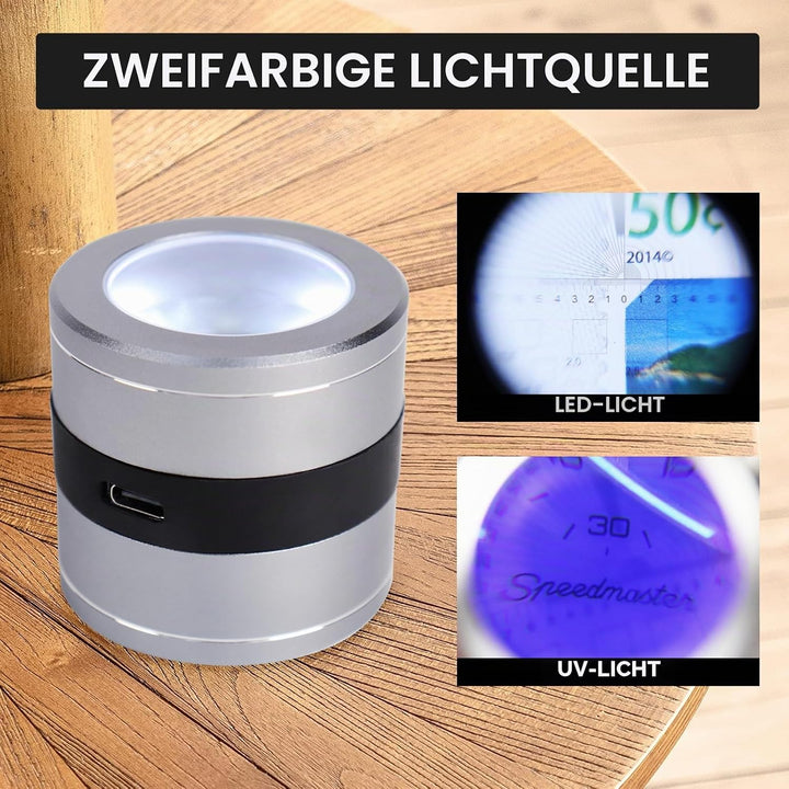 10x Juwelierlupe mit LED, UV-Licht, metrischer Skala, USB-LED-Anzeige. Ideal für Schmuck, Textil, Ed