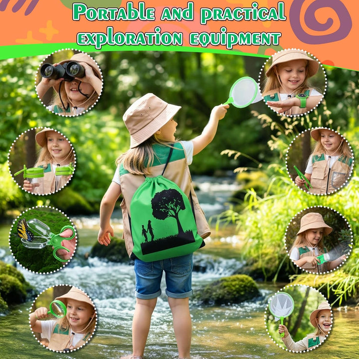 Forscherset für Kinder, 11Pcs Safari Kostüm mit Entdeckerhut Weste Fernglas Kinder Schmetterlingsnet
