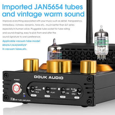 Douk Audio X1 Röhrenverstärker, HiFi Bluetooth 5.0 Verstärker, GE5654 Valve Stereo Audio Amplifier,