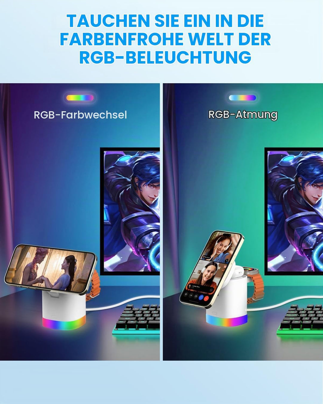 JoyGeek Ladegerät mit 4 RBG Nachtlicht, Faltbar 3 in 1 Kabellose Ladestation für iPhone Air/17/16/15
