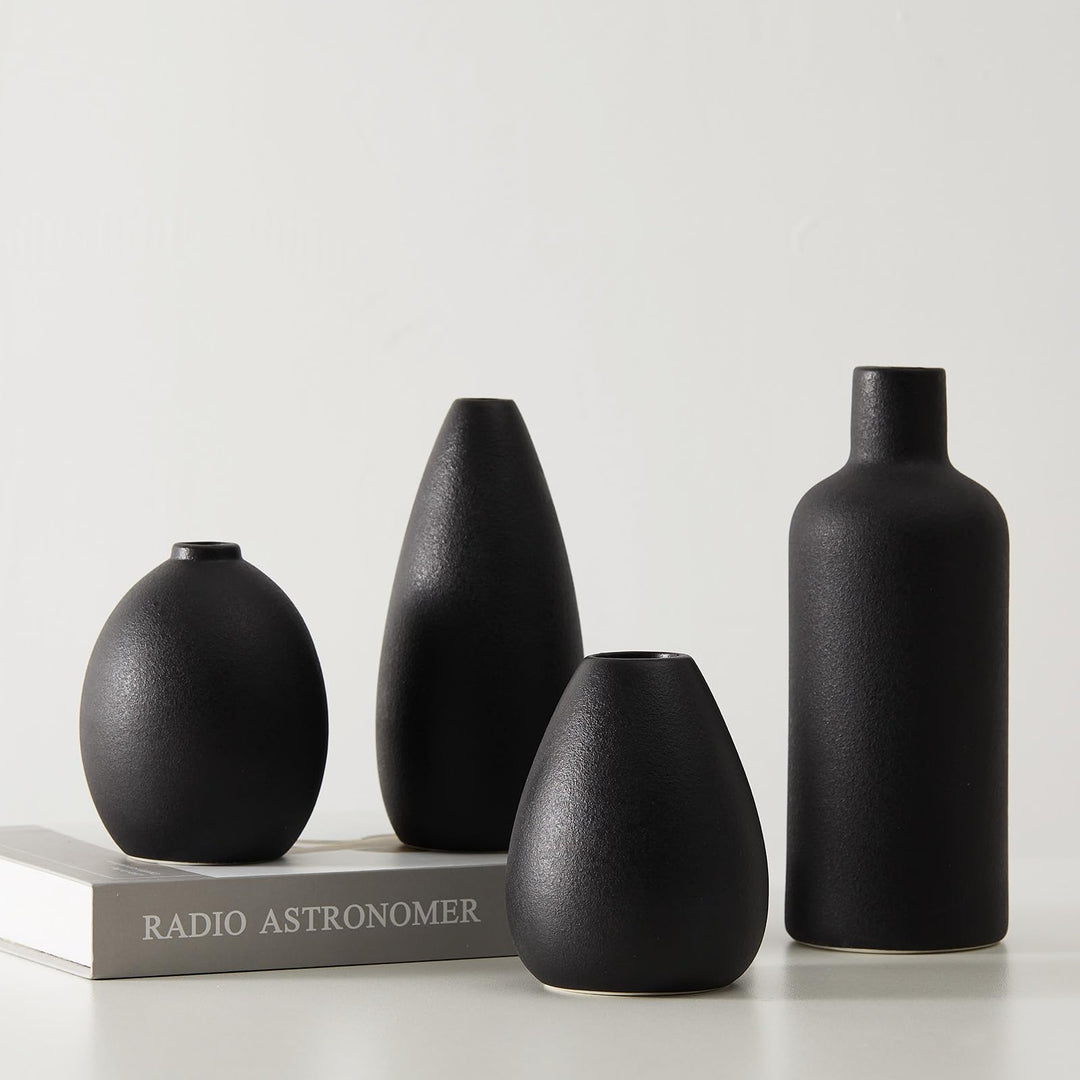 CEMABT schwarz Keramik Vase Set 4er Kleine Vasen für Blumen, einzigartige Blumenvasen für Mittelstüc