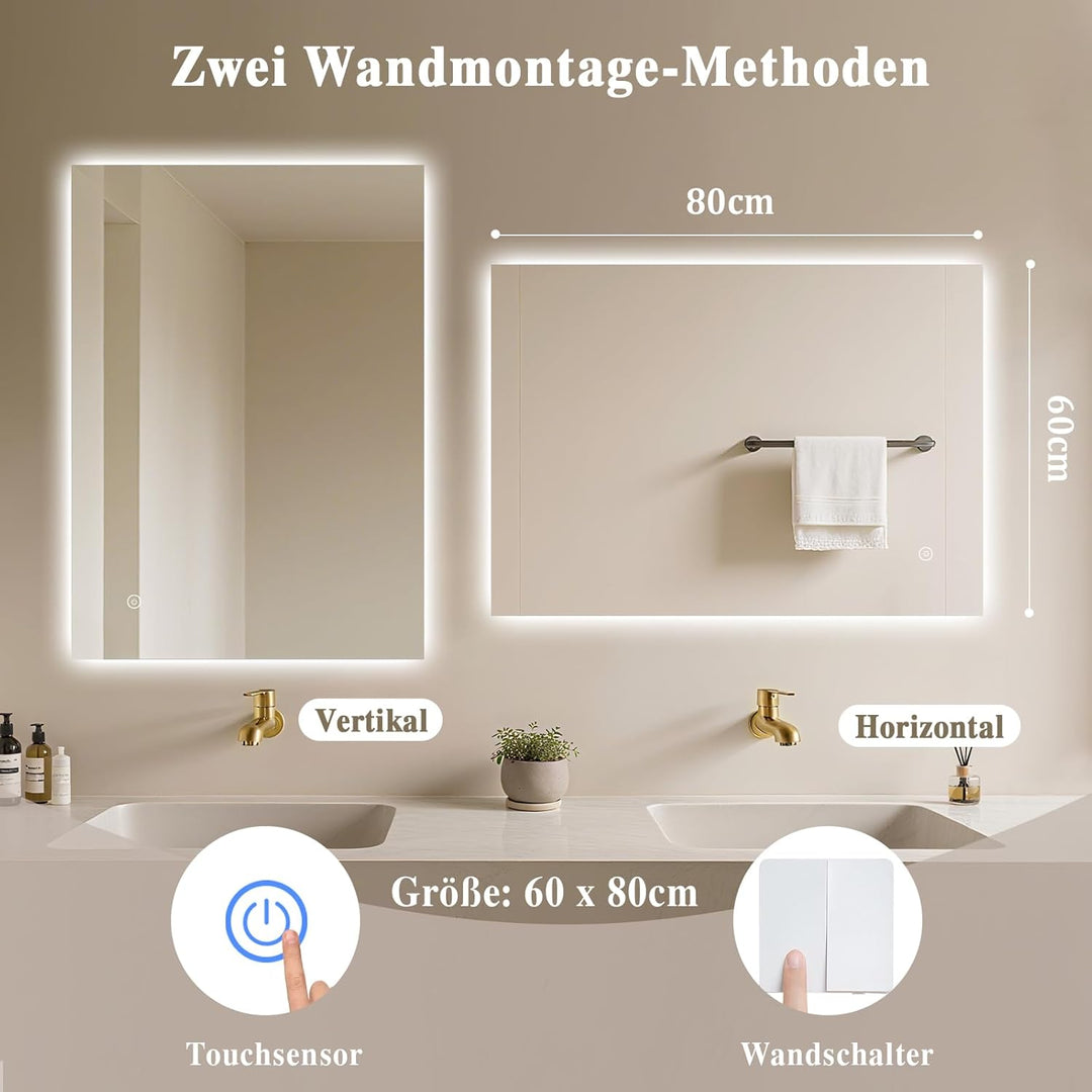 Badspiegel-mit-Beleuchtung 80x60cm - Badezimmerspiegel LED Badezimmer Spiegel mit Beleuchtung, Touch