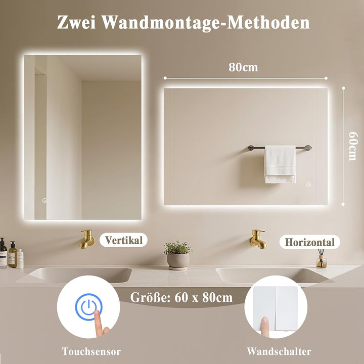 Badspiegel-mit-Beleuchtung 80x60cm - Badezimmerspiegel LED Badezimmer Spiegel mit Beleuchtung, Touch