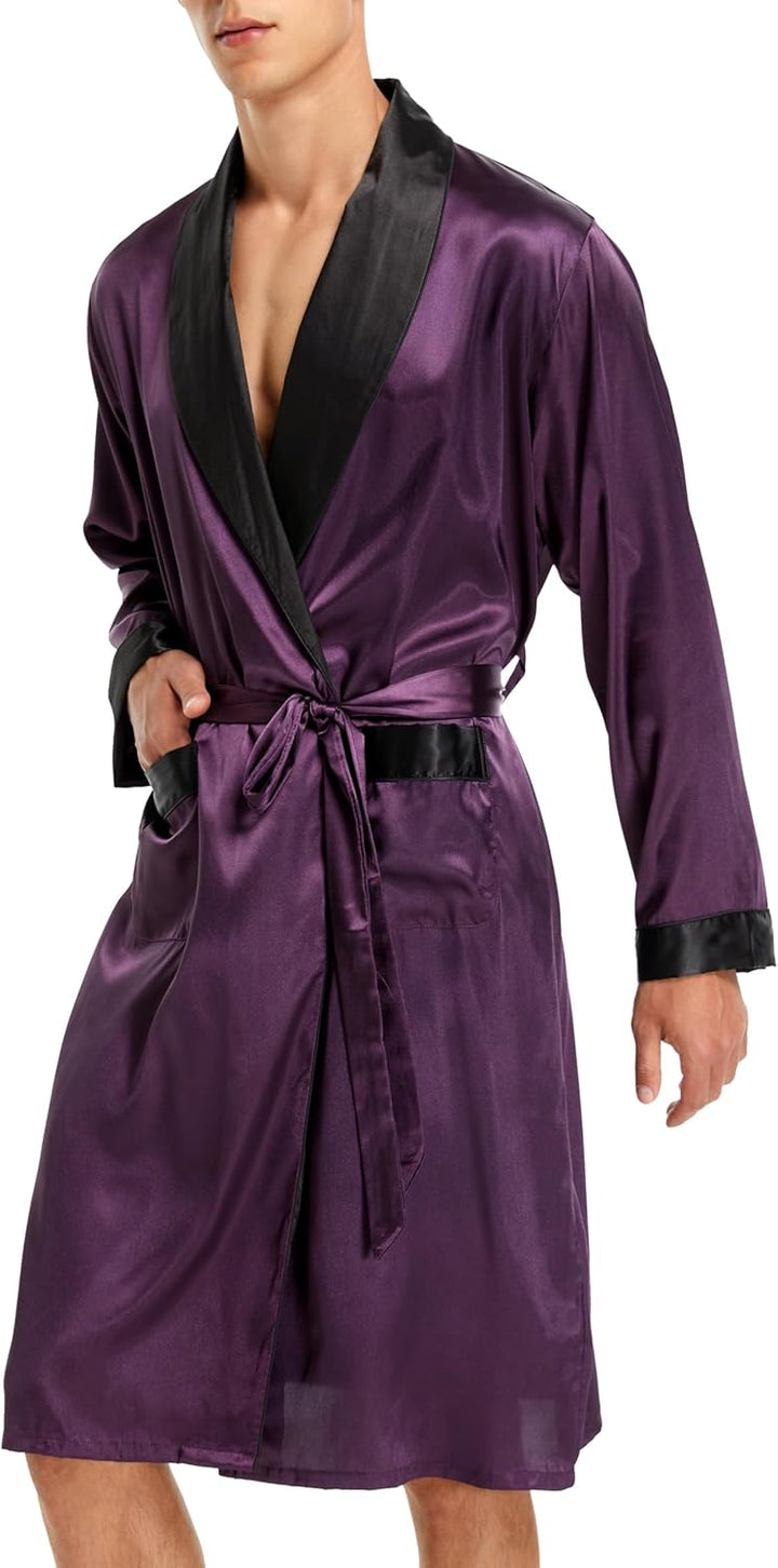 Herren Satin Bademantel, Leichter Seiden Langarm Bademantel mit Shorts Set, Spa Kimono Nachtwäsche L