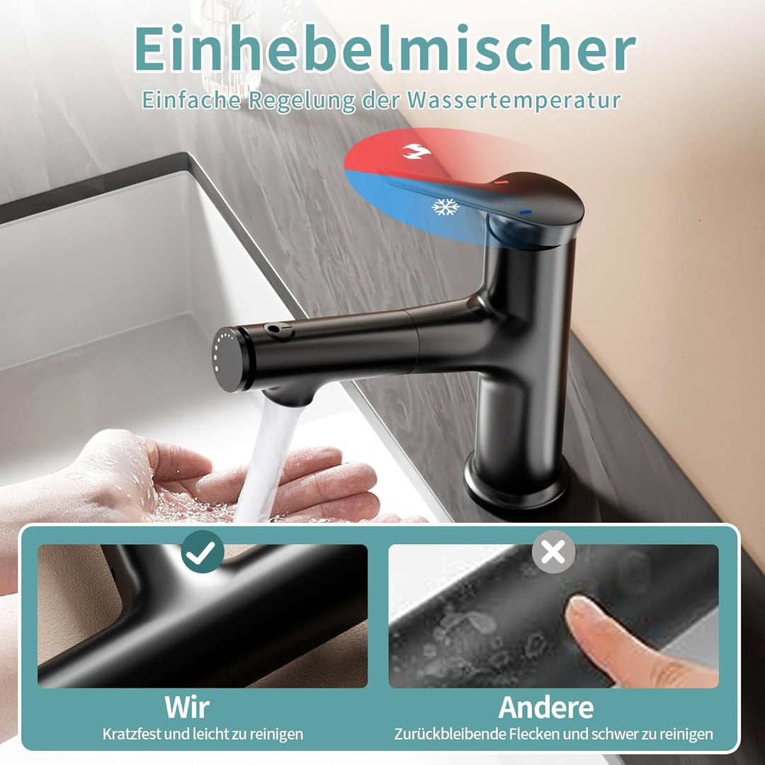 Wasserhahn Bad mit herausziehbarer Brause, Moderne Einloch-Badarmatur Waschbecken ausziehbar, Einheb