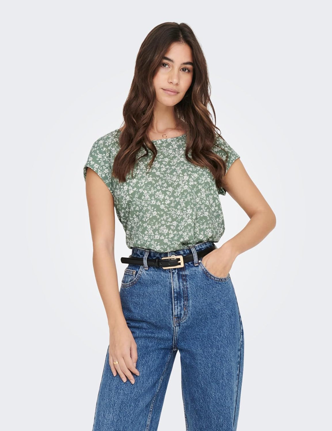 ONLY Damen Onlvic S/S Solid AOP Top Ptm T-Shirt, Blusenshirt, Kurzarm 34 Lily Pad/Aop:emma Mono Flow
