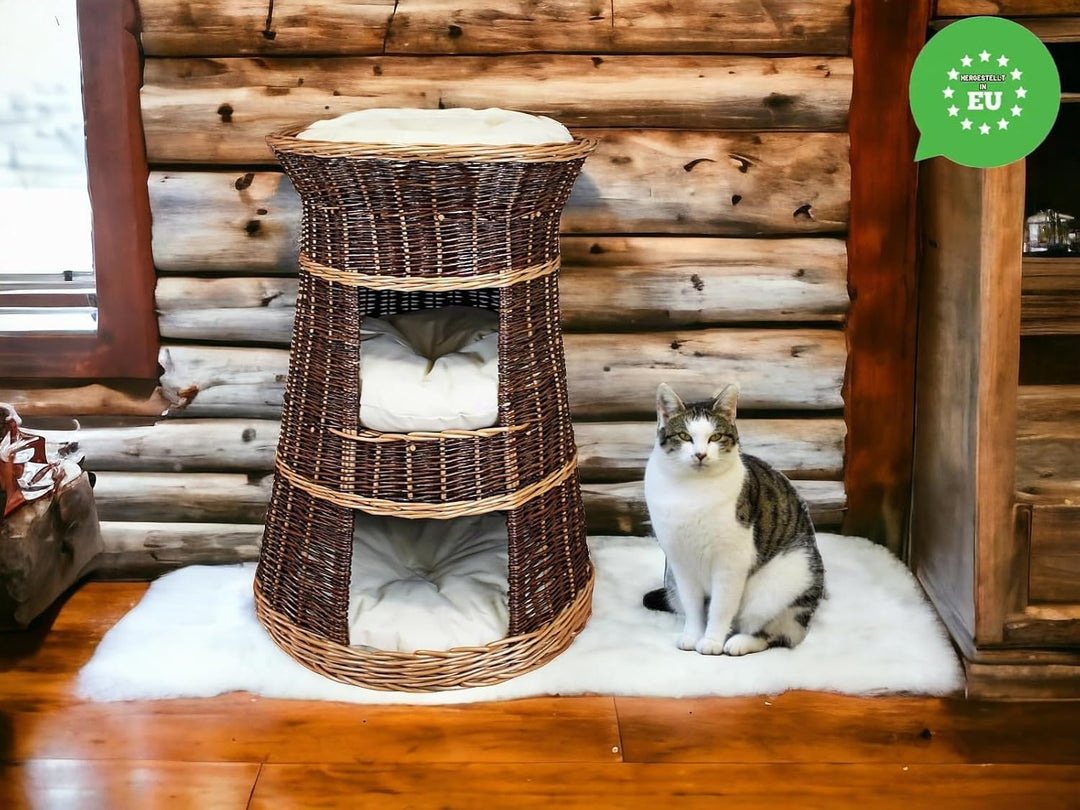 Katzenkorb zum Schlafen – Katzenhütte Indoor – Grösse: 43 x 49 x 70 cm rund – Katzenhöhle aus Weide