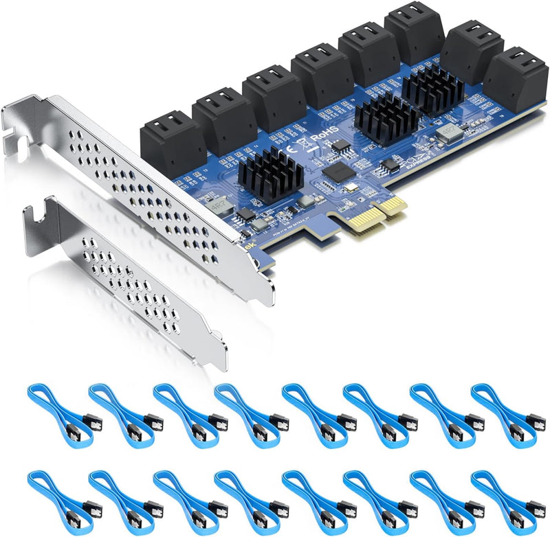 16 Port PCIe SATA Card, SATA3.0 Expansion Card, X1, with 16 SATA Cable, Support SSD and HDD, 16 Port